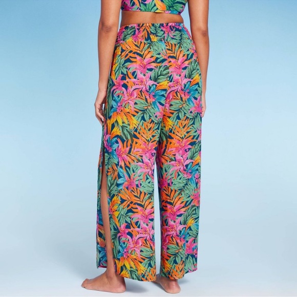 Women's Smocked Waist Side Slit Cover Up Pants - Shade & Shore Multi Tropical XL - Picture 3 of 5